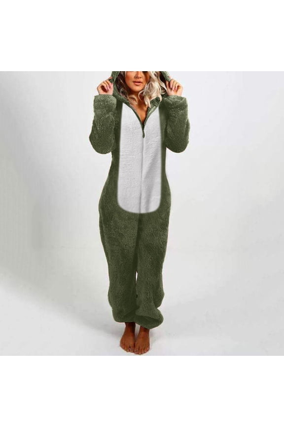 Women Zip-up Hoodie Plush Long Sleeve Pajama Solid Color Block Printed One Piece Bodysuits Outfits Sleepwear Hooded Jumpsuit Plus Size