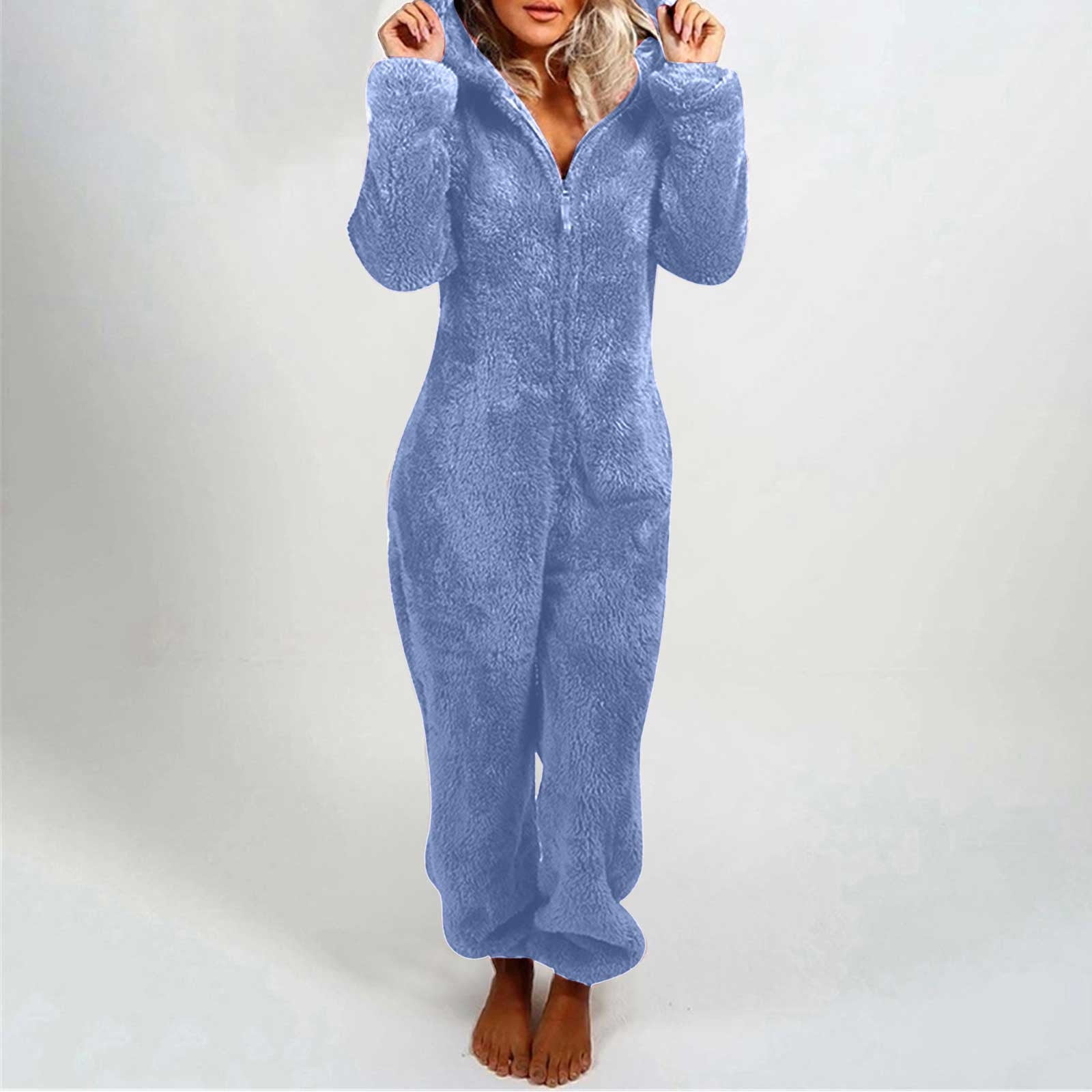 Women Zip-up Hoodie Plush Long Sleeve Pajama Solid Color Block Printed One Piece Bodysuits Outfits Sleepwear Hooded Jumpsuit Plus Size