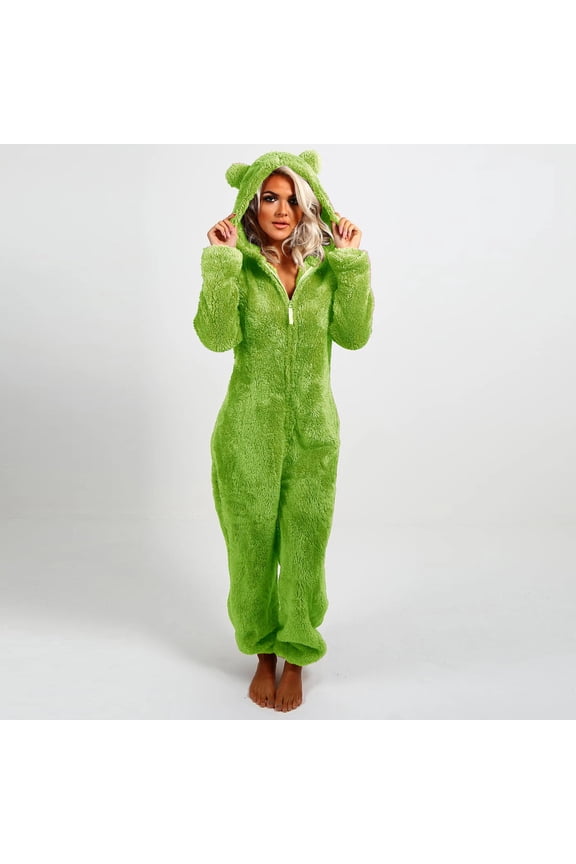 Women Zip-up Hoodie Plush Long Sleeve Pajama Solid Color Block Printed One Piece Bodysuits Outfits Sleepwear Hooded Jumpsuit Plus Size