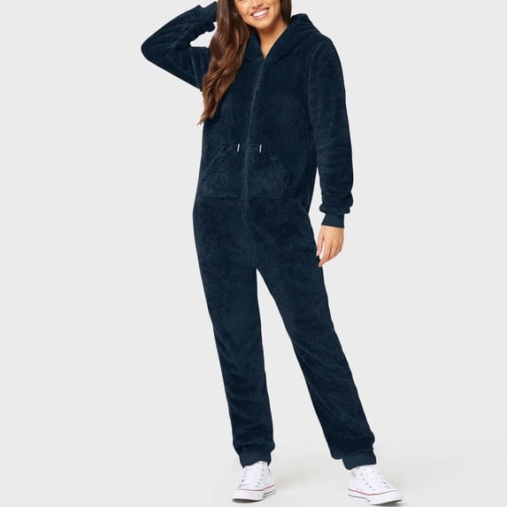 Women Zip-up Hoodie Plush Long Sleeve Pajama Solid Color Block Printed One Piece Bodysuits Outfits Sleepwear Hooded Jumpsuit Plus Size
