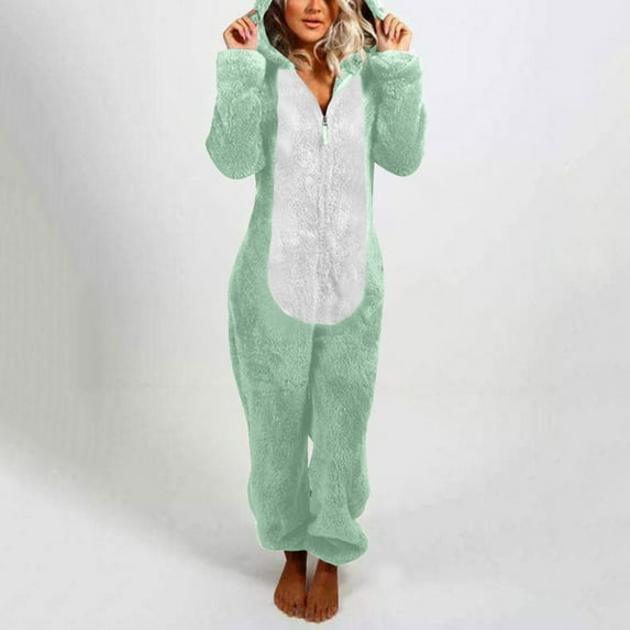 Women Zip-up Hoodie Plush Long Sleeve Pajama Solid Color Block Printed One Piece Bodysuits Outfits Sleepwear Hooded Jumpsuit Plus Size