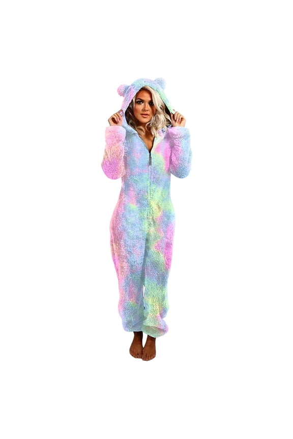 Women Zip- up Hoodie Plush Long Sleeve Pajama Tie Dye Printed One Piece Bodysuits Outfits Sleepwear Hooded Jumpsuit Loungewear