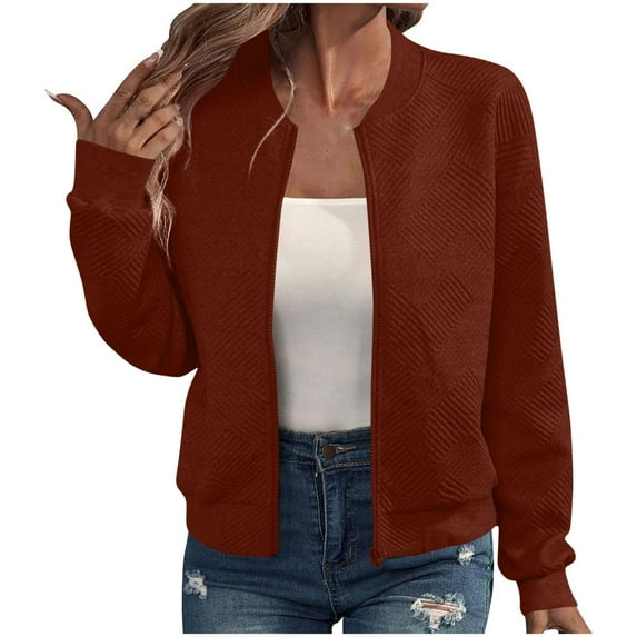 Women Zip up Sweatshirts with Pockets Long Sleeve Cropped Jackets Casual Loose Stand Collar Lightweight Short Outwear Brown XL