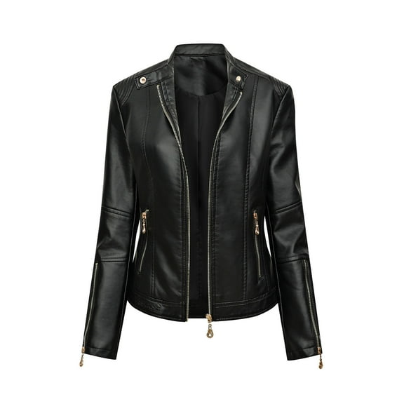 Women Zipper Casual Leather Soft Motorcycle Leather Short Jacket Coat