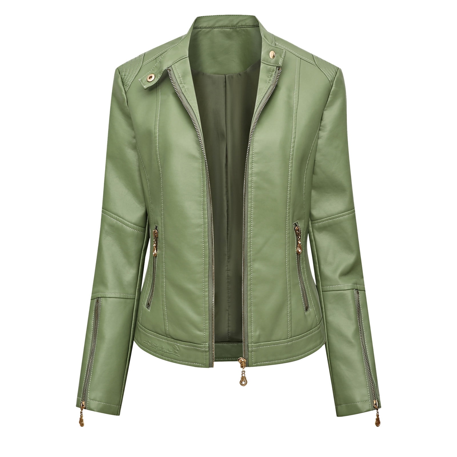 Women Zipper Casual Leather Soft Motorcycle Leather Short Jacket Coat