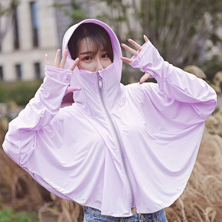 Women Zipper Closure Hooded Tops Sun Protection Clothing Solid Quick Dry  Batwing Sleeve Silky Anti-UV Face Cover(Purple)