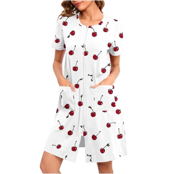 Women Zipper Front House Coat, Short Sleeves Robes Short Nightgown Bathrobes with Pockets Cute Printed Sleepdress White L