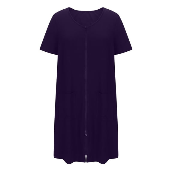 Women Zipper Front House Dress Short Sleeve Nightgown Bathrobe Lightweight Knee Length Soft Short Cotton House Coat