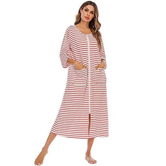 Women Zipper Front Housecoat Short Sleeve & Half Sleeve Zip Nightgown Long Houedress with Pockets Women Zipper Robes Cotton Housecoat Short Sleeve Bathrobes Full Length Dusters with Pockets