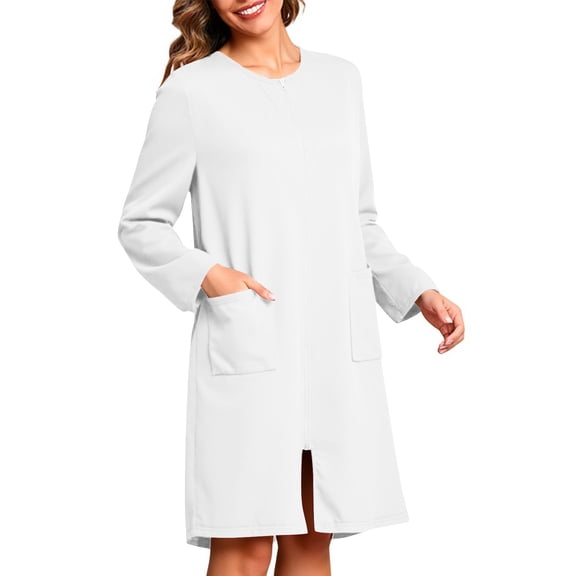Women Zipper Front Nightgown Long Sleeve Robe Bathrobes Lightweight Knee Length Short House Dress with Pockets New Bathrobes for Women White M