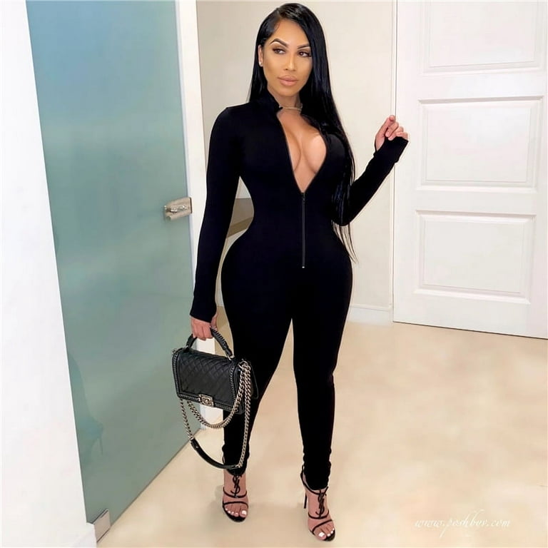 Black One Piece Jumpsuits for Women, Cute Long Sleeve Bodycon Sexy