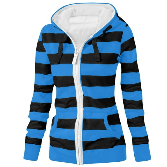 Women Zipper Hoodie Fall Hoodie Striped Hooded Jacket Long Sleeve Tops Sweatshirt Pockets Hoodied Fall Tops for Women 2024 Trendy S-38 Sky Blue XXL