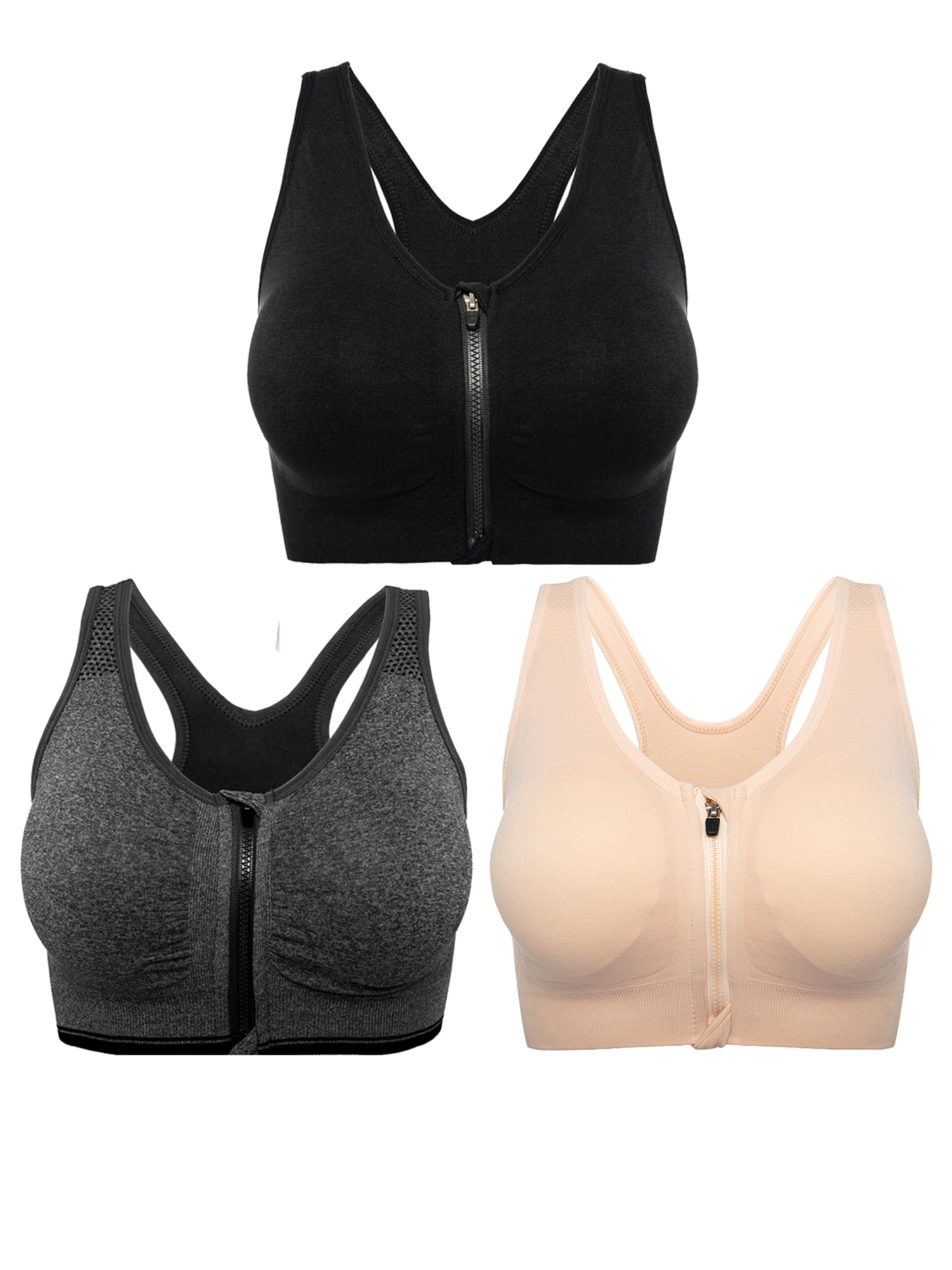  Fapreit Womens Zip Front Closure Sports Bra - Seamless  Wirefree Post Surgery Padded Racerback Workout Gym Yoga Bras 2 Pack