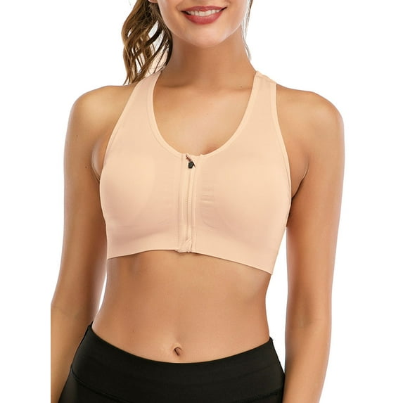 Women Zipper Racerback Sport Bras With Removable Pads Workout Yoga Sports Bras Apricot L