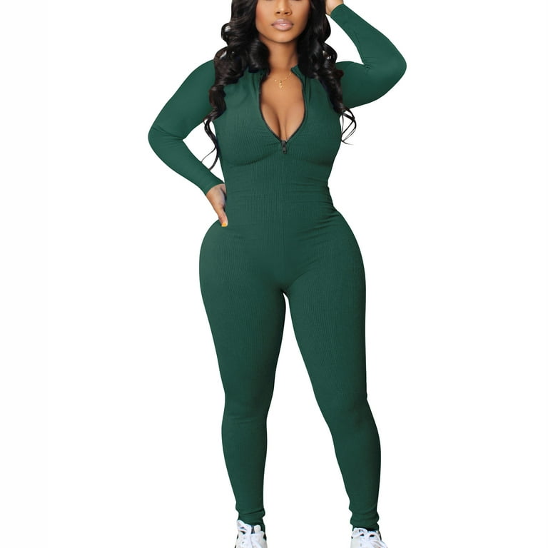 Women' Zipper Ribbed Romper Lightweight Comfy Long Sleeve Solid Color  Jumpsuit Loose Fit Knitted Exercise Workout Playsuit Sport Fitness Romper 