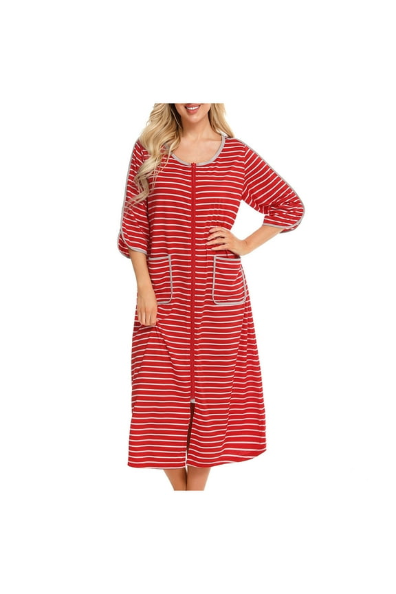 Women Zipper Robe 3/4 Sleeves Loungewear Nightgowns Full Length Sleepwear Pockets Housecoat Long Soft Bathrobe PJs