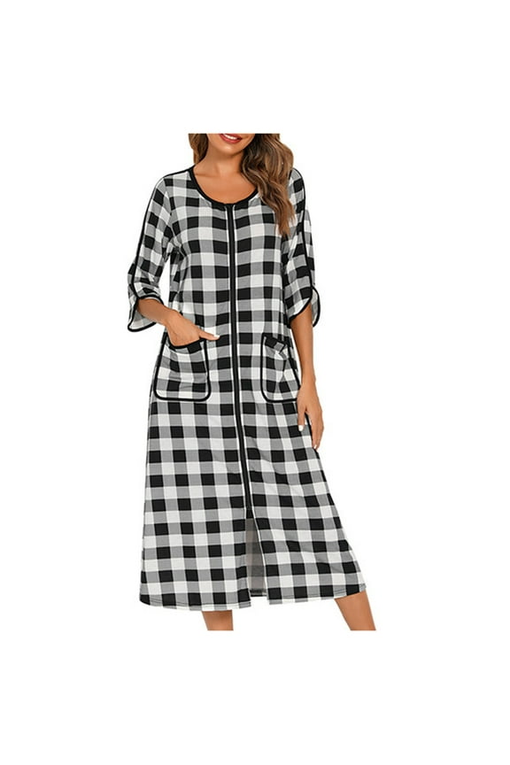 Women Zipper Robe 3/4 Sleeves Loungewear Nightgowns Full Length Sleepwear Pockets Housecoat Long Soft Bathrobe PJs