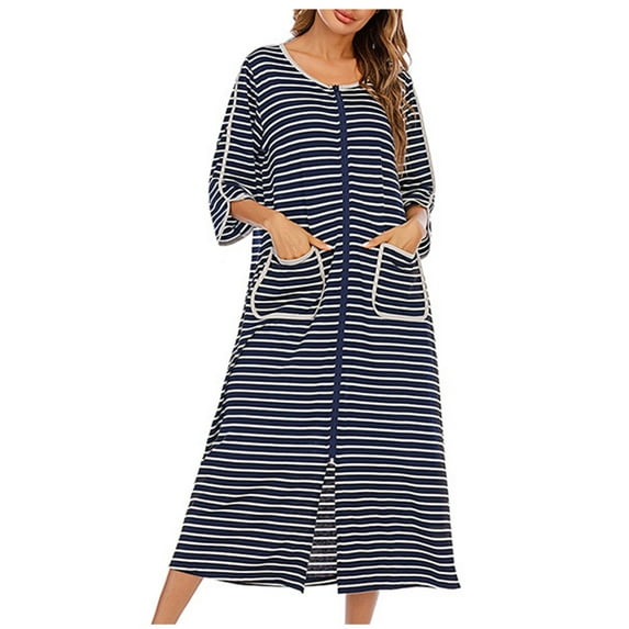 Women Zipper Robe 3/4 Sleeves Loungewear Nightgowns Full Length Sleepwear Pockets Housecoat Long Soft Bathrobe PJs