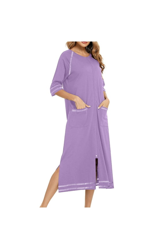 Women Zipper Robe Long Housecoat 3/4 Sleeve Zip Up Bathrobes Full Length Nightgown Loungewear with Pockets