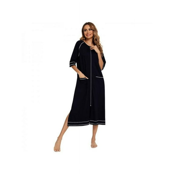 Women Zipper Robe Short Sleeve House Dress Full Length Sleepwear Duster Housecoat with Pockets