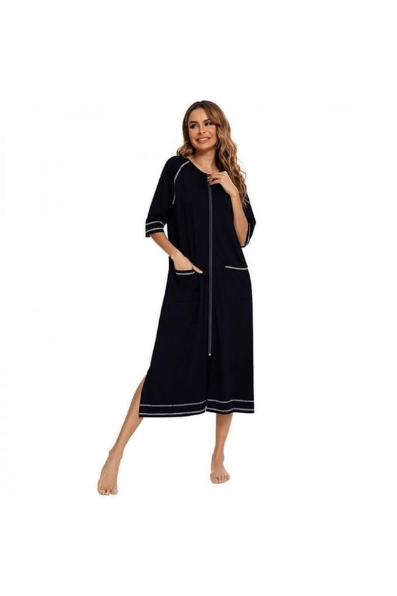 Women Zipper Robe Short Sleeve House Dress Full Length Sleepwear Duster Housecoat with Pockets