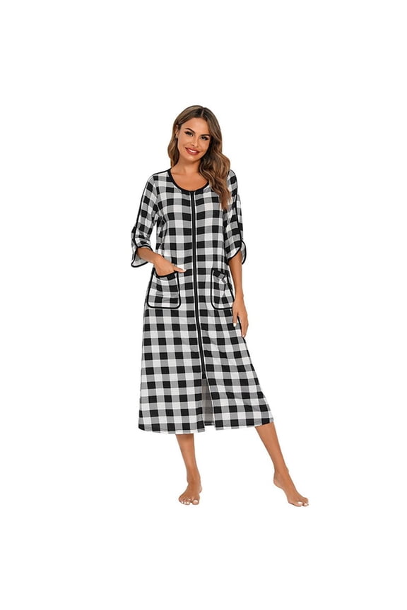 Women Zipper Robe Short Sleeve House Dress Full Length Sleepwear Duster Housecoat with Pockets