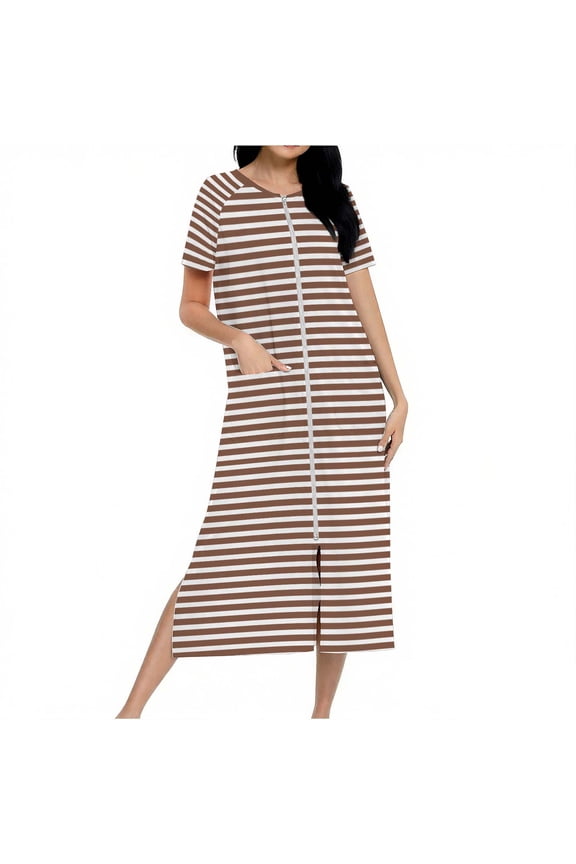 Women Zipper Robe Short Sleeves Loungewear Dress Full Length Sleepwear Pockets Housecoat Nightgown Long Bathrobe