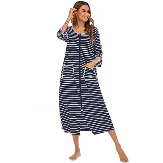 Women Zipper Robe Soft Lightweight Bathrobe 3/4 Sleeve Pockets Housecoat