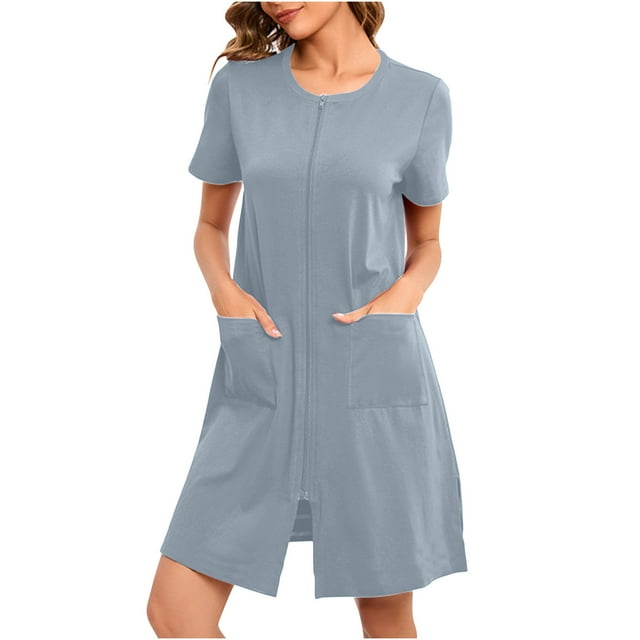 Women Zipper Robe Soft Short Sleeves Zip Front Short Housecoat Lightweight Breathable Sleepwear with Pockets