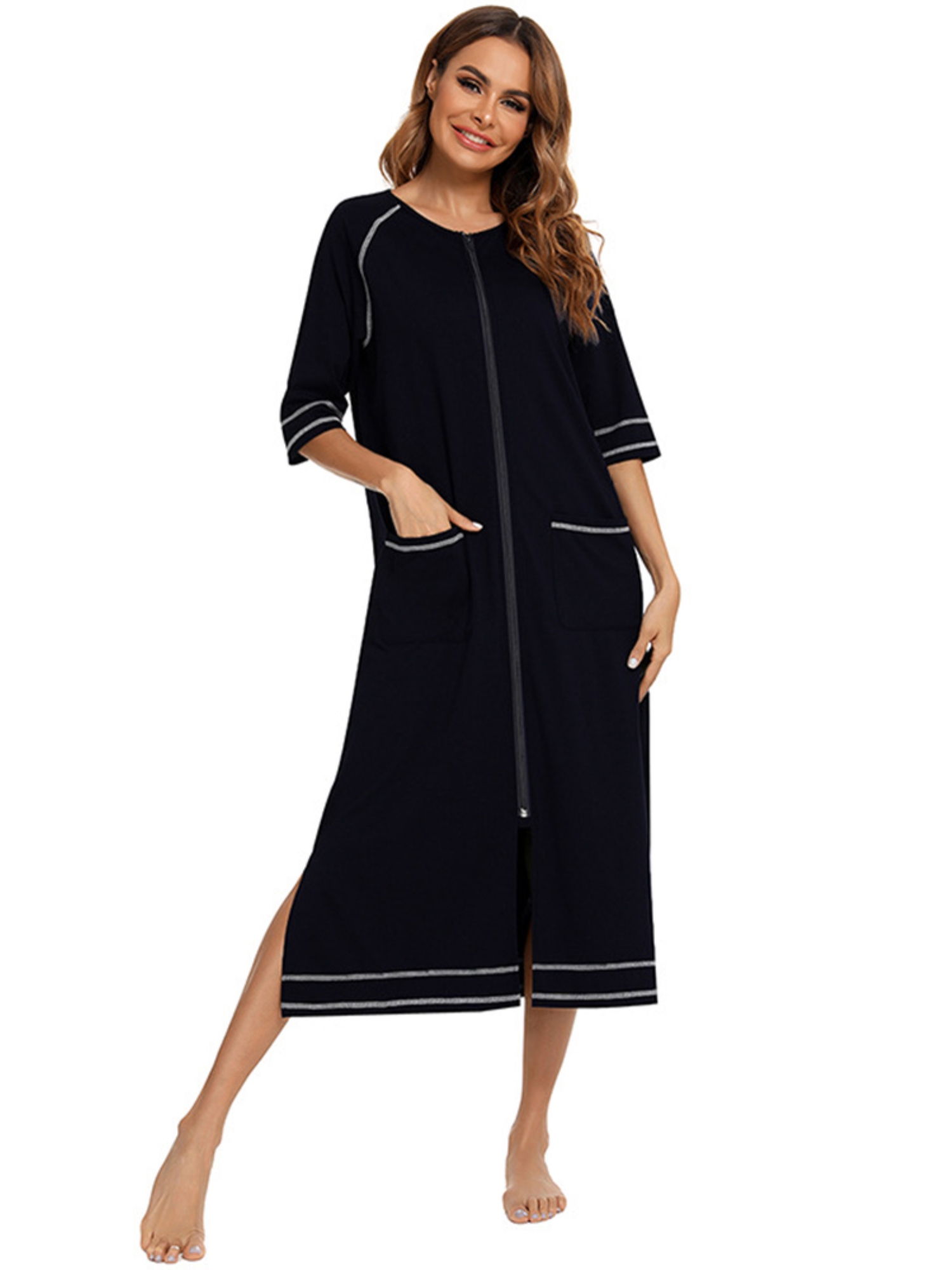 Women Zipper Robes Full Length Nightgowns Cotton Loose Housecoat Half ...