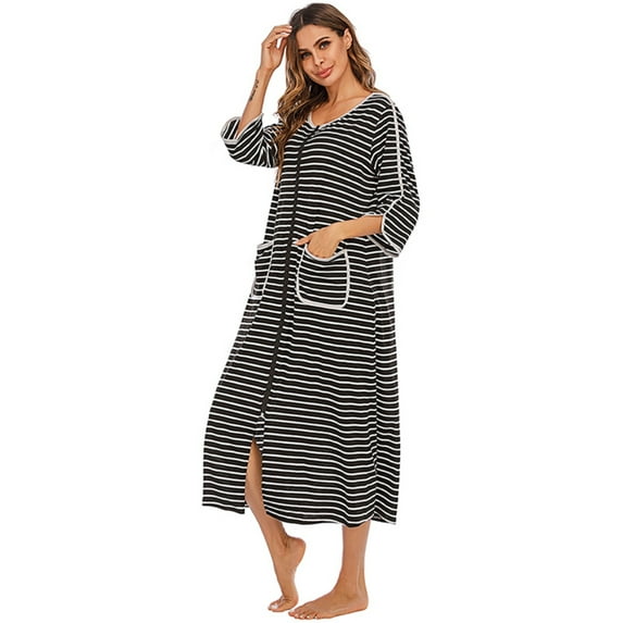 Women Zipper Robes Full Length Nightgowns Cotton Loose Housecoat Half Sleeve Loungewear with Pockets,Round Neck Striped Long Housedress Loose Plus Size Sleepwear Pajamas Dress,S-XXL Black