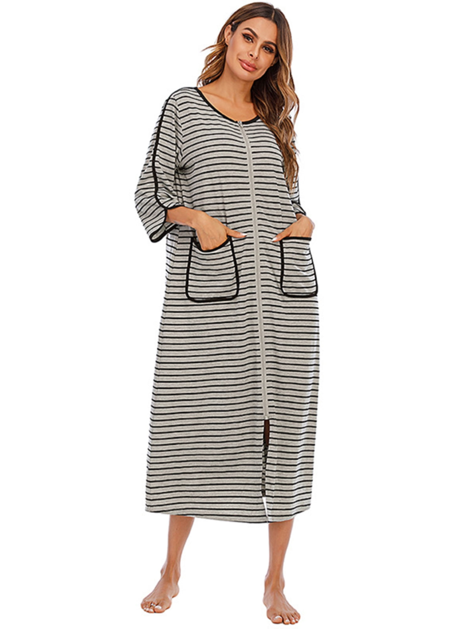 Full Robe Women Zipper Robes Full Length Nightgowns Cotton Loose Housecoat Half ...