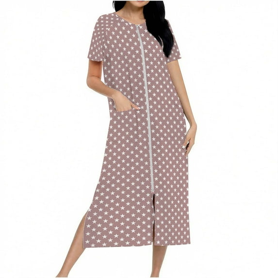 Women Zipper Robes Knee Length Raglan Knit Bathrobe Lightweight Sleepwear with Pockets Short Sleeves Loungewear