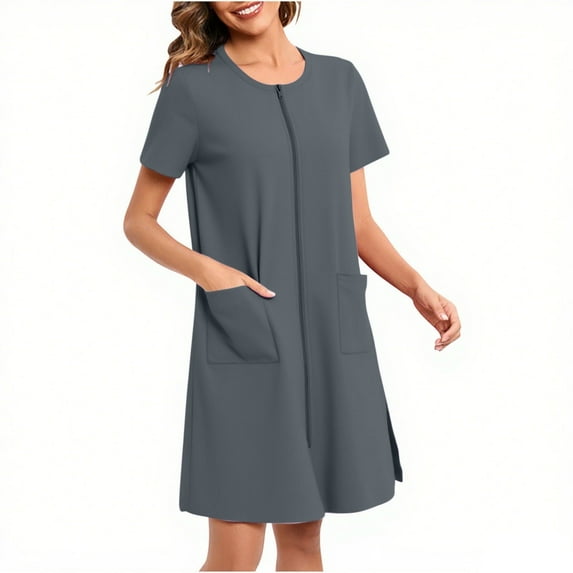 Women Zipper Robes, Knee Length Short Sleeve Bathrobe Lightweight Solid Color Housecoat with Pockets Nightgown Sleepdress Gray L