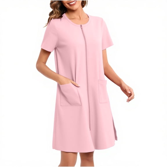 Women Zipper Robes, Knee Length Short Sleeve Bathrobe Lightweight Solid Color Housecoat with Pockets Nightgown Sleepdress L