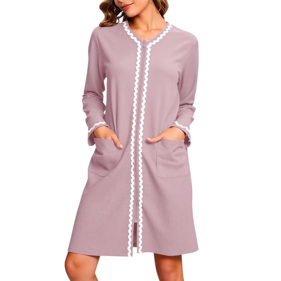 Women Zipper Robes Short Loungewear Nightgowns Long Sleeve Knee Length Housecoat with Pockets M