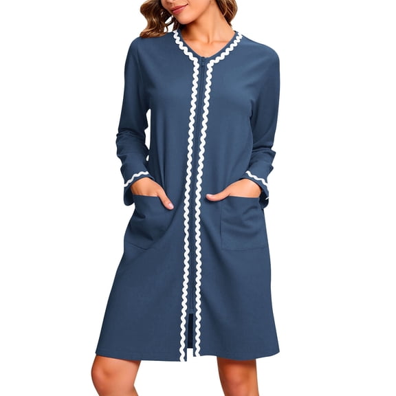 Women Zipper Robes Short Loungewear Nightgowns Long Sleeve Knee Length Housecoat with Pockets Navy L