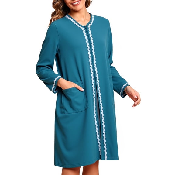 Women Zipper Robes Soft Loungewear Short House Coat with Pockets Long Sleeve Bathrobes Light Blue XL