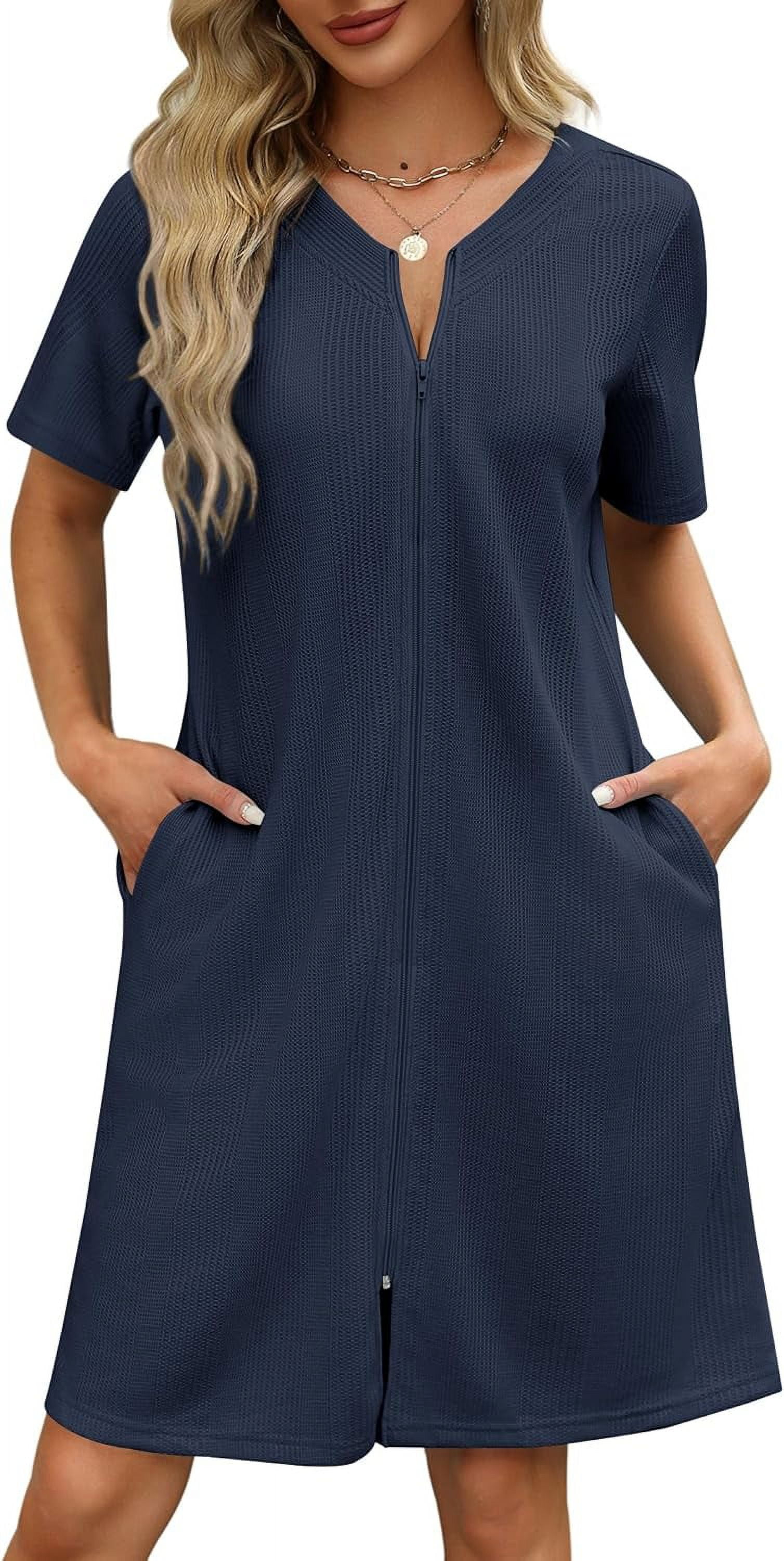 Women Zipper Robes Waffle Short Bathrobe Lightweight House Coat with