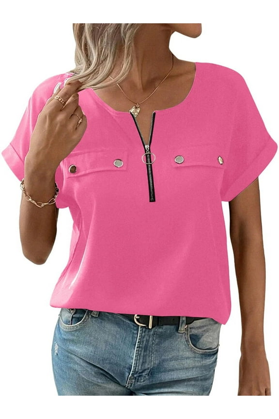 Women Zipper Up Blouse, Skin Friendly Button Polyester Short Sleeve Zipper Top for Leisure for Female Pink XL