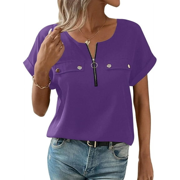 Women Zipper Up Blouse, Skin Friendly Button Polyester Short Sleeve Zipper Top for Leisure for Female Purple L