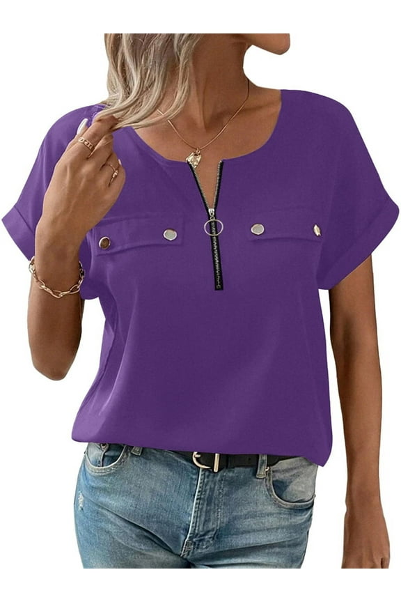 Women Zipper Up Blouse, Skin Friendly Button Polyester Short Sleeve Zipper Top for Leisure for Female XL