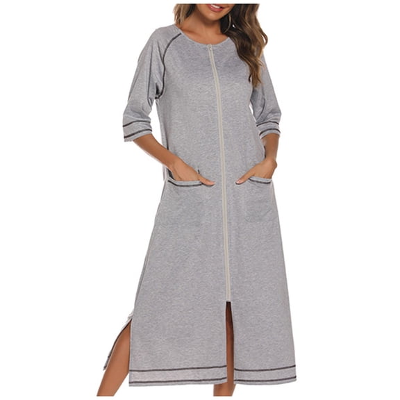Women Zipper Up Robe Comfy 3/4 Sleeve Zip Front Nightgowns with Pockets Soft Breathable Side Slit Long House Coat