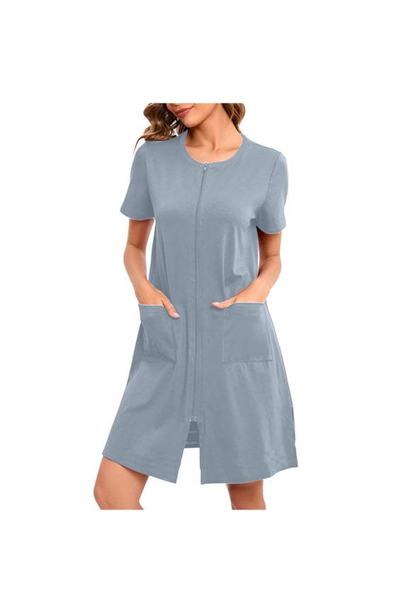 Women Zipper Robes Short Bathrobe Lightweight House Coat with Pockets Soft Nightgown S-2XL