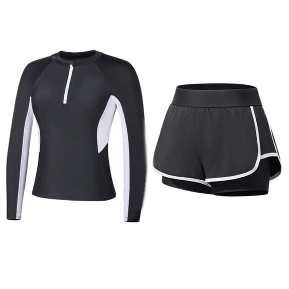 Women Zippers Front Tankini Swimsuits Two Pieces Swimsuit Sport Bathing Suits Long Sleeves Swimwear with Shorts