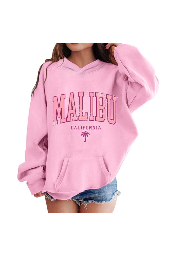 Women and Girls' Black Malibu California Graphic Hoodie - Soft Long Sleeve Pullover Sweatshirt with Front Pocket