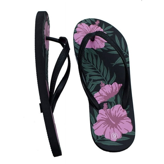 Women and Girls Hawaii Traditions Footwear Beach Slipper Sandals Flip Flops Pink Hibiscus Flower, Size 9