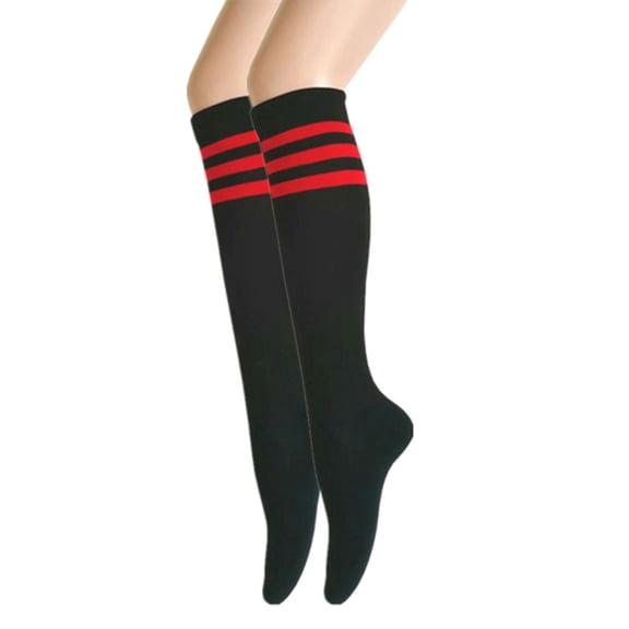 Women and Girls Roller Skate Retro Triple Stripes Tube Knee High Socks In Black with Red Color 2 Pairs Package