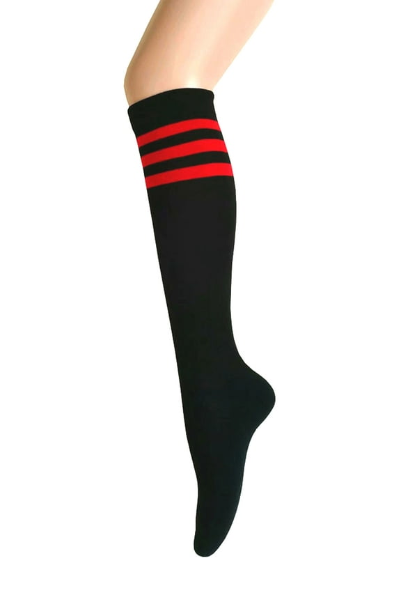 Women and Girls Roller Skate Retro Triple Stripes Tube Knee High Socks In Black with Red Color