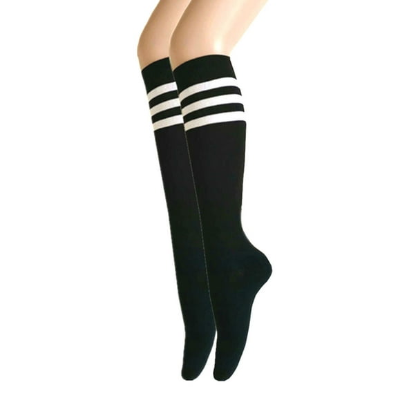 Women and Girls Roller Skate Retro Triple Stripes Tube Knee High Socks In Black with White Color 2 Pairs Package